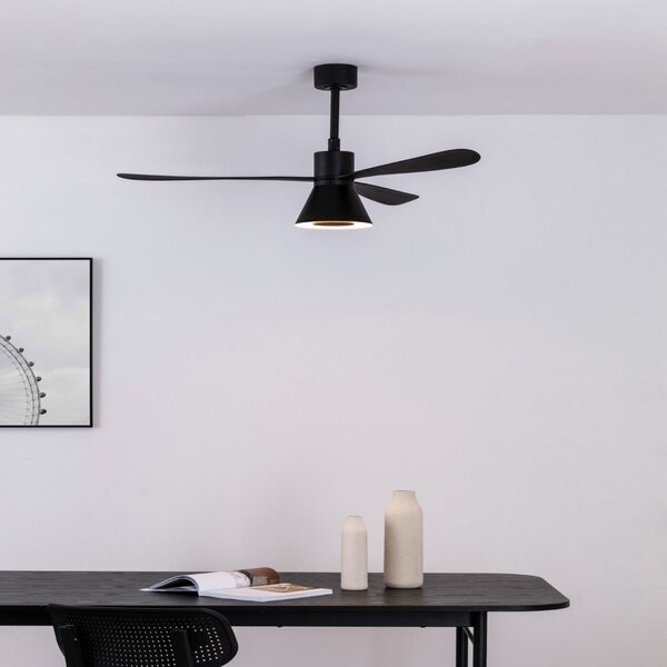 FARO BARCELONA Ανεμιστήρας οροφής LED Amelia Cone L, μαύρος, αθόρυβος, 132 εκ., ρυθμιζόμενος, Μαύρο, Σαλόνι / τραπεζαρία, Πλαστικό, σύγχρονο