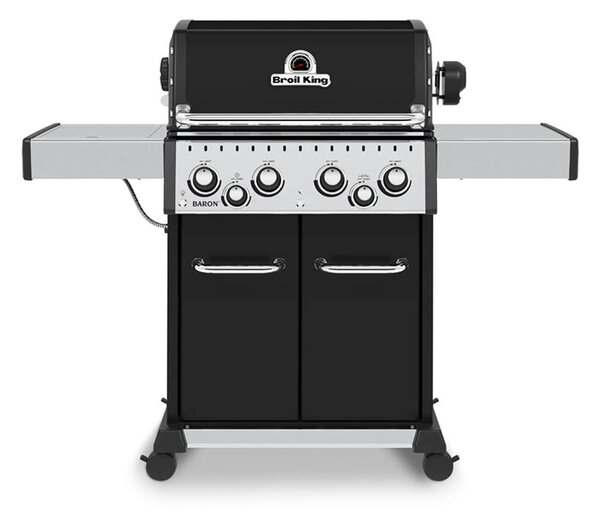 Ψησταριά Υγραερίου Broil King Baron 490 Shadow με πλευρική εστία, μηχανισμό σούβλας, ισχύ 12.4kW + 4.4kW + 2.7kW και διαστάσεις 145x63x147cm