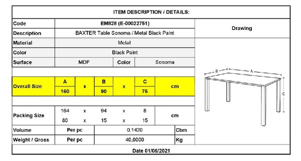 BAXTER ΤΡΑΠΕΖΙ ΚΟΥΖΙΝΑΣ ΤΡΑΠΕΖΑΡΙΑΣ, ΜΕΤΑΛΛΟ ΒΑΦΗ ΜΑΥΡΟ, SONOMA