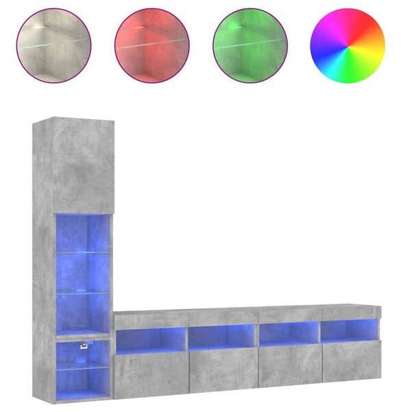 Έπιπλα Τοίχου Τηλεόρασης 4 τεμ. LED Γκρι Σκυρ. από Επεξ. Ξύλο - Γκρι