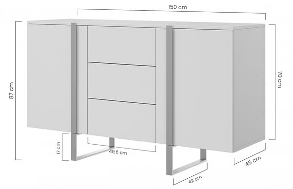 Μπουφές Vera S Ανθρακί + Μαύρα Πόδια 150x87x45cm με 3 συρτάρια - BOG4589