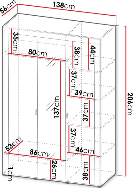 Ντουλάπα Mossa Τρίφυλλη-Leuko - 138.00Χ56.00Χ206.00cm