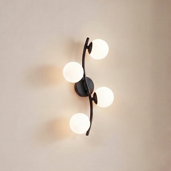 Lindby Φωτιστικό τοίχου Josiana, οπαλίτης/μαύρο, 48 cm, σφαίρα, γυαλί, ρυθμιζόμενος, Μαύρο, Σαλόνι / τραπεζαρία, Γυαλί, σύγχρονο