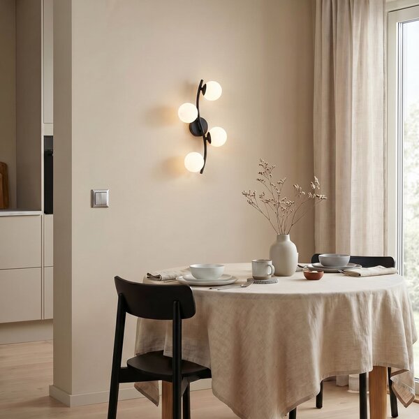 Lindby Φωτιστικό τοίχου Josiana, οπαλίτης/μαύρο, 48 cm, σφαίρα, γυαλί, ρυθμιζόμενος, Μαύρο, Σαλόνι / τραπεζαρία, Γυαλί, σύγχρονο