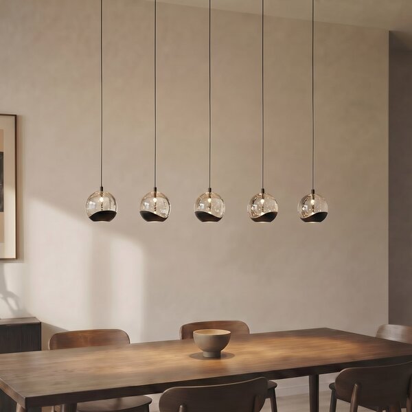 Lucande LED κρεμαστό φωτιστικό Hayley, μαύρο, 5 φτερά, επιμήκες, Μαύρο, Σαλόνι / τραπεζαρία, Γυαλί, σύγχρονο