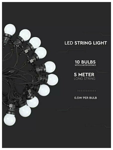V-TAC Φωτιστικό Γιρλάντα 5m με 10 Λάμπες (0.5Wx10) 480lm Ζεστό Λευκό Αδιάβροχο 217436