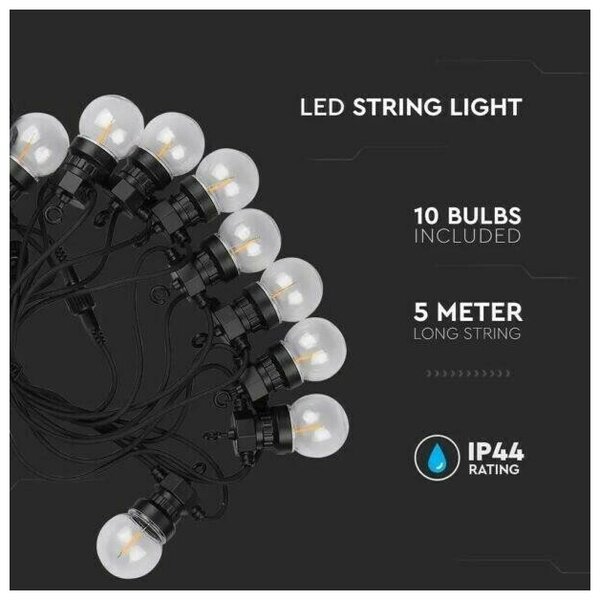 V-TAC Αδιάβροχο φωτιστικό γιρλάντα 5m με 10 λάμπες Filament Θερμό λευκό 3000Κ 212728