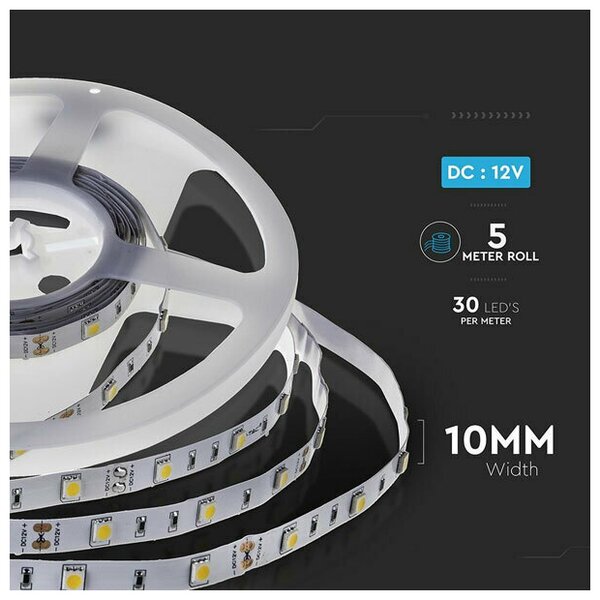 V-TAC Ταινία LED SMD 12V Dimmable 6W 500lm/m 30LEDs/m 120° IP20 Ψυχρό Λευκό 212133 (5 μέτρα)