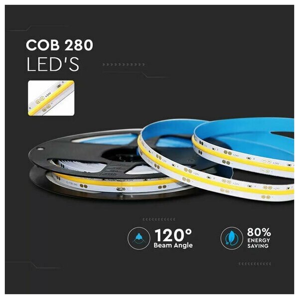 V-TAC Ταινία LED COB 24V 10W 950lm/m 280LEDs/m 120° IP20 Ψυχρό Λευκό 212654 (5 μέτρα)