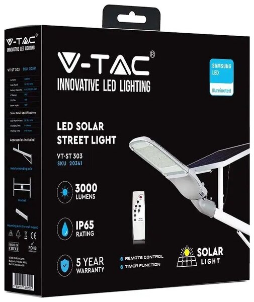 V-TAC LED ηλιακό φωτιστικό δρόμου Samsung 50W ψυχρό λευκό 6000K με γκρι/λευκό σώμα για ιστό & τοίχο με τηλεχειριστήριο