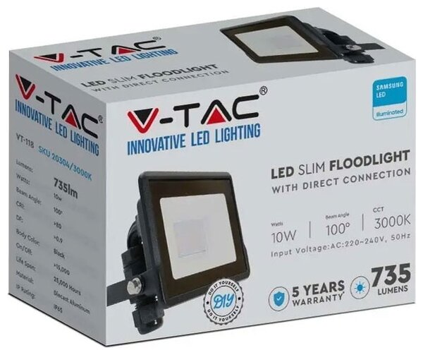 V-TAC Προβολέας LED SMD 10W 735lm Samsung Chip με Ενσωματωμένο Στυπιοθλίπτη Μαύρο Σώμα Ψυχρό Λευκό 20306