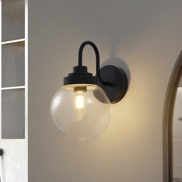 Lucande Φωτιστικό τοίχου Badolo, μαύρο, γυαλί, ύψος 25 cm, IP44, ρυθμιζόμενος, Μαύρο, Μπάνιο, Σφαίρα