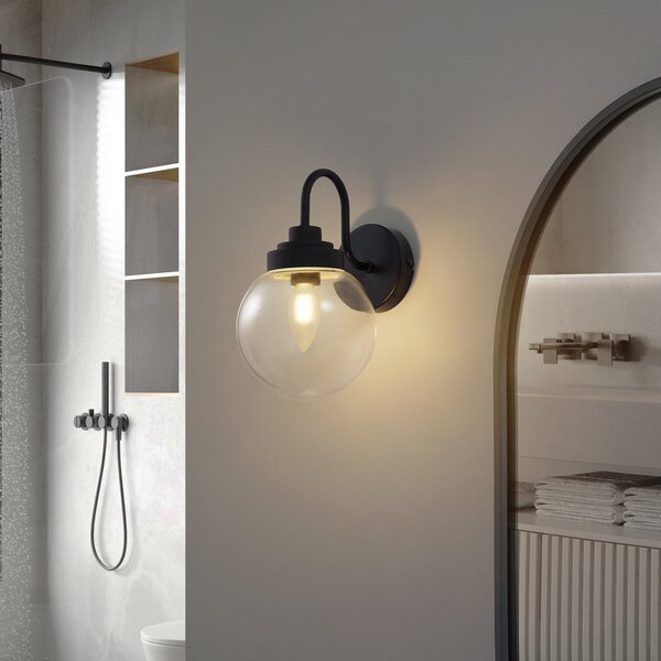 Lucande Φωτιστικό τοίχου Badolo, μαύρο, γυαλί, ύψος 25 cm, IP44, ρυθμιζόμενος, Μαύρο, Μπάνιο, Σφαίρα