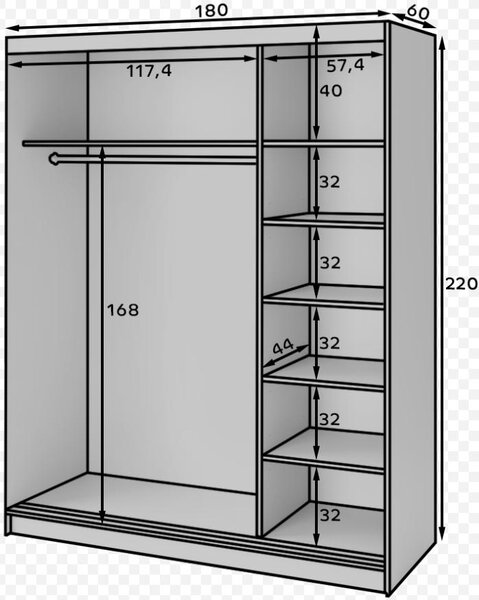 Ντουλάπα συρόμενη Phylo III με καθρέπτη - 180.00Χ60.00Χ220.00cm