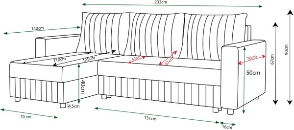 Γωνιακός καναπές Retiro-Kokkino - 233.00Χ140.00Χ90.00cm