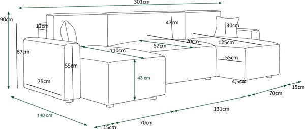 Γωνιακός καναπές Sengo-Gkri - 301.00Χ140.00Χ90.00cm