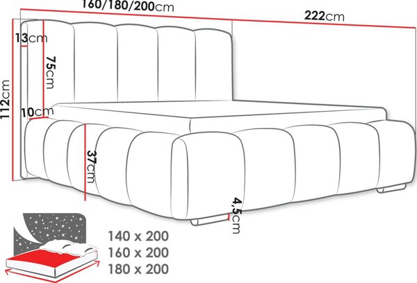 Επενδυμένο κρεβάτι Wizko-Gkri-160 x 200 - 180.00Χ222.00Χ112.00cm