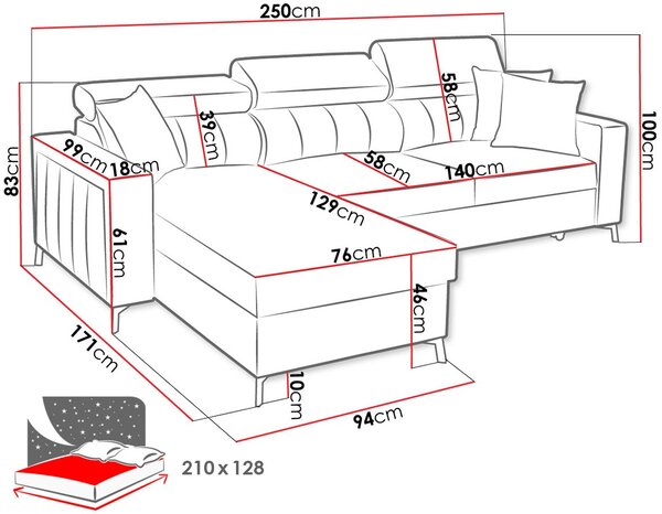 Γωνιακός καναπές Baltico I Mini-Δεξιά-Roz - 250.00Χ171.00Χ100.00cm