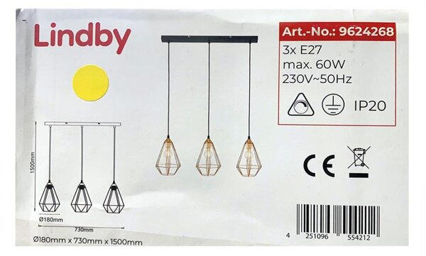 Lindby - Κρεμαστό φωτιστικό οροφής ράγα ELDA 3xE27/60W/230V