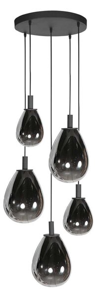Mexlite Κρεμαστό φωτιστικό LED Glimsy, Ø 40 cm μαύρο/καπνιστό γκρι γυαλί 5-fl., ρυθμιζόμενος, Γκρι, Σαλόνι / τραπεζαρία, Γυαλί