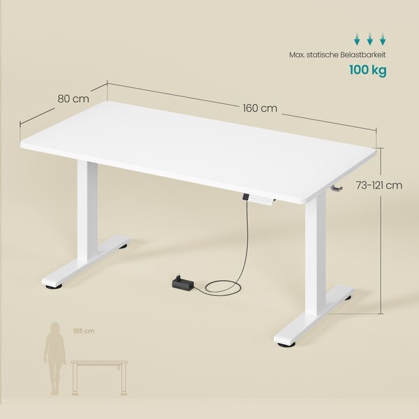 Birou reglabil pe inaltime Songmics, Balok, Alb, 160x80x121 cm