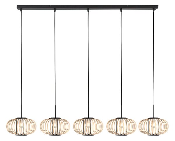 Anne Light Κρεμαστό φωτιστικό Silva, 5 λαμπτήρες, μακρύ, μαύρο, με μπαμπού, ρυθμιζόμενος, Ξύλου, Σαλόνι / τραπεζαρία, Μέταλλο