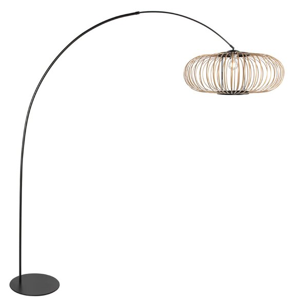 Anne Light Φωτιστικό Curve, μαύρο, σκίαστρο με ράβδους από μπαμπού, Ø 60 cm, Μαύρο, Σαλόνι / τραπεζαρία, Μέταλλο