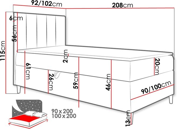 Επενδυμένο κρεβάτι Junior Maja I-Kokkino-Deksia-100 x 200 - 208.00Χ102.00Χ115.00cm