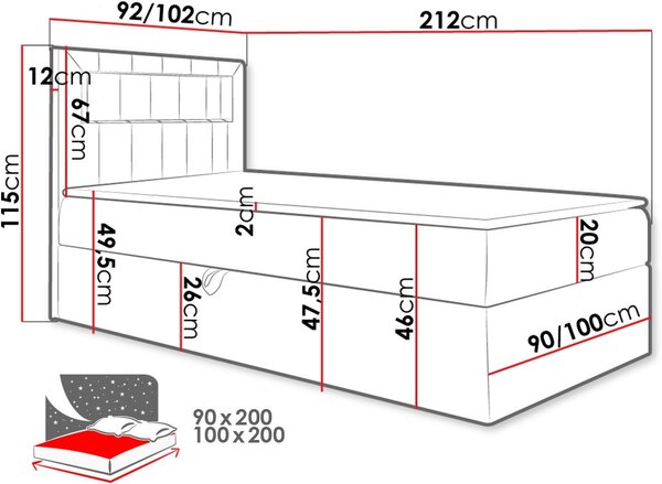 Επενδυμένο κρεβάτι Junior Gold I-Kokkino-90 x 200-Deksia - 212.00Χ92.00Χ115.00cm