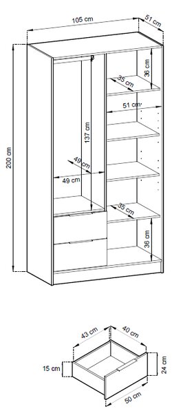 Ντουλάπα Nolan Δίφυλλη-Fusiko - 105.00Χ51.00Χ200.00cm