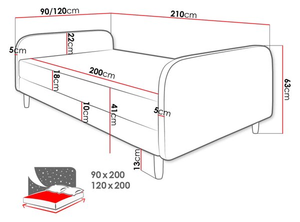 Επενδυμένο κρεβάτι Hot III-Gkri Anoixto-90 x 200 - 0.00Χ210.00Χ41.00cm