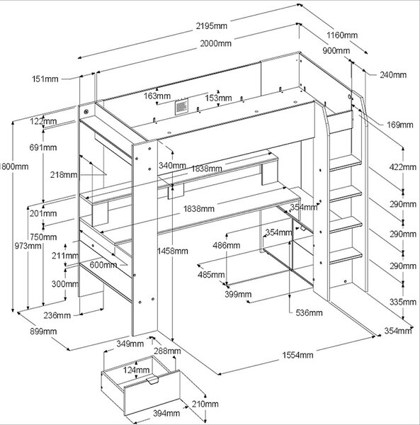 Πολυλειτουργικό κρεβάτι Wired - 219.50Χ116.00Χ180.00cm