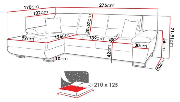 Γωνιακός καναπές Cotere mini-Kokkino-Mauro-Αριστερή - 275.00Χ170.00Χ71.00cm