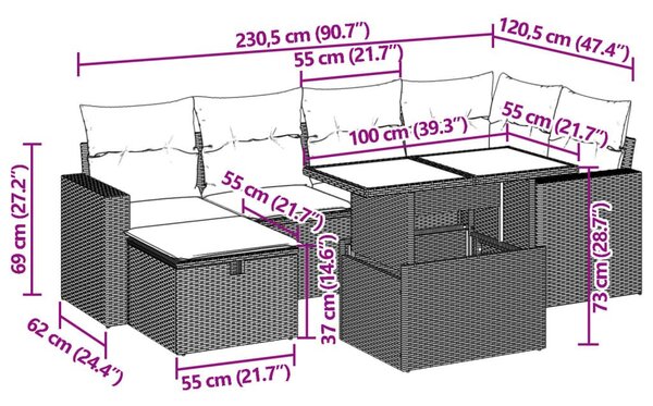 Καναπές Σετ 7 Τεμαχίων Μαύρο Συνθετικό Ρατάν με Μαξιλάρια - Μαύρο