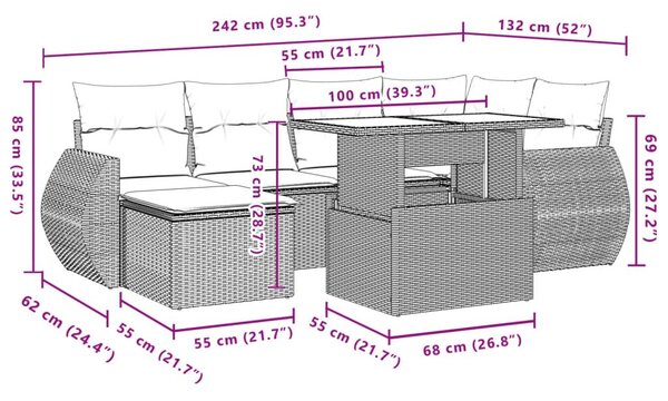 Καναπές Σετ 7 Τεμαχίων Μαύρο Συνθετικό Ρατάν με Μαξιλάρια - Μαύρο