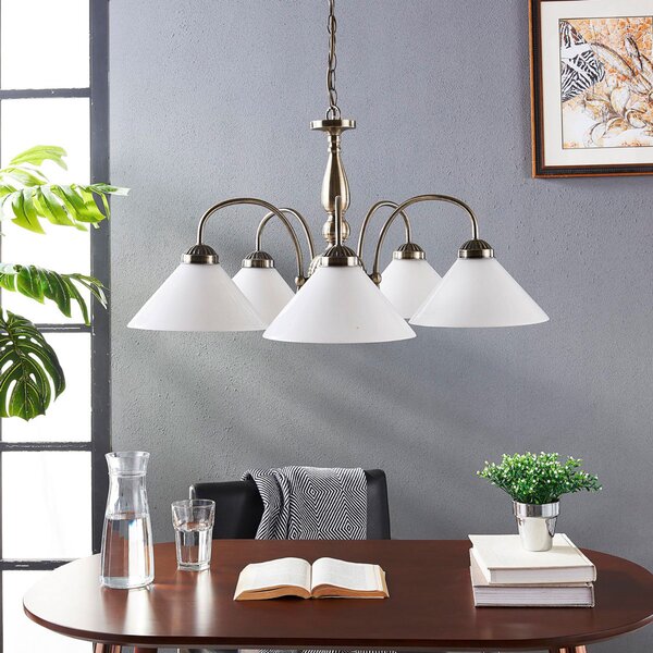 Lindby κρεμαστό φωτιστικό Otis, Ø 68 cm, 5-φωτο, λευκό, γυαλί, E27, ρυθμιζόμενος, Μπρούτζινο / Αντικέ ορείχαλκου, Κουζίνα, Γυαλί, Αντίκα