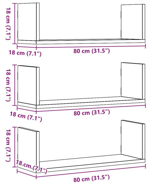 Ράφια Τοίχου 3 τεμ. Καπνιστή Δρυς 80x18x18 εκ. Επεξεργ. Ξύλο - Καφέ