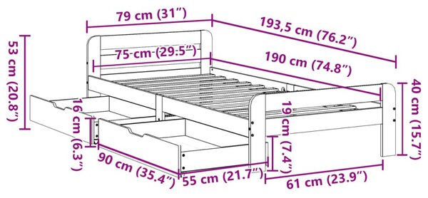 Σκελετός Κρεβατιού Χωρίς Στρώμα 75x190 εκ Μασίφ Ξύλο Πεύκου - Καφέ