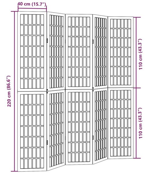 Διαχωριστικό Χώρου με 5 Πάνελ Μαύρο από Μασίφ Ξύλο Παυλώνιας - Μαύρο