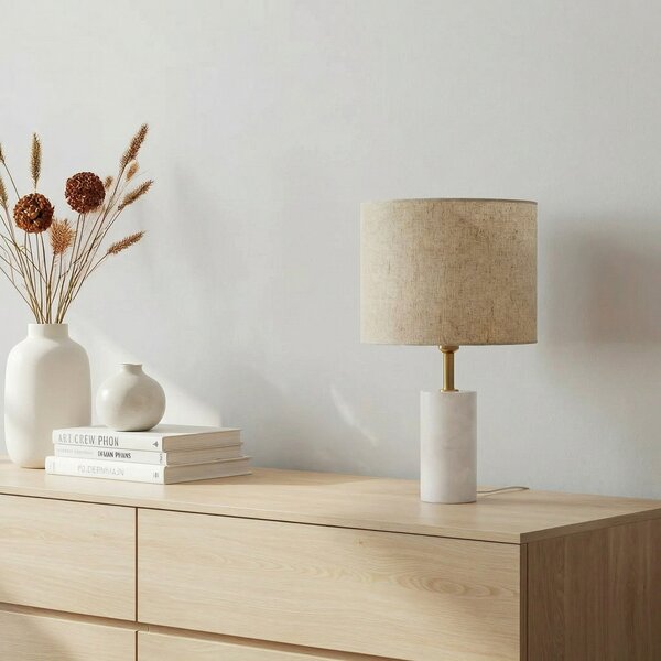 Lindby Επιτραπέζια λάμπα Alabaster, λευκό/μπεζ, Ø 25cm, μάρμαρο, E27, Μπεζ, Σαλόνι / τραπεζαρία, Ύφασμα / Κλωστοϋφαντουργία, Σκανδιναβικό