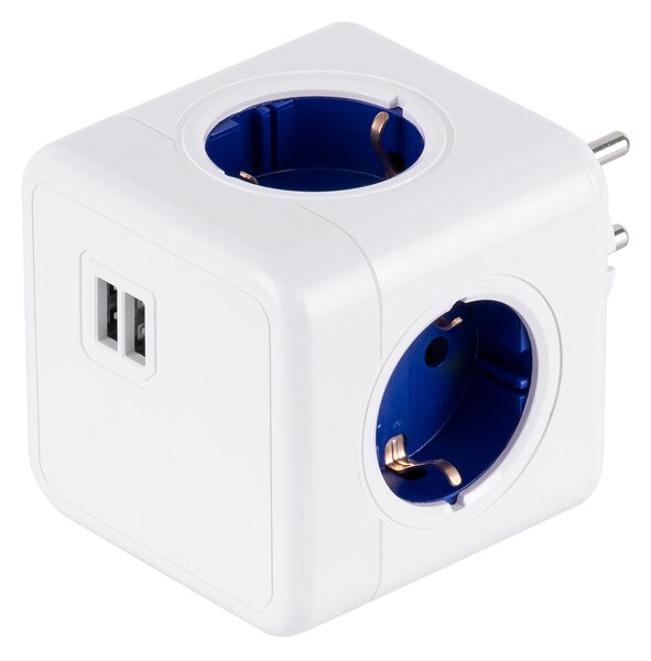 GloboStar® TRAVEL PowerCube PRO Certified 79638 Πολύπριζο 6 Θέσεων με 4 Πρίζες Ασφαλείας Childproof EU Schuko AC 220-240V & 2 Πρίζες USB Max 2.1A/DC 5V Μ7.5 x Π11.5 x Υ7.5 - Λευκό με Μπλε - Max Load 3680W/16A