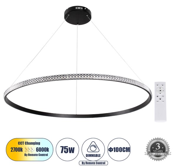 GloboStar® DIAMOND 61134 Κρεμαστό Φωτιστικό Δαχτυλίδι-Κύκλος LED CCT 75W 8743lm 360° AC 220-240V - Εναλλαγή Φωτισμού μέσω Τηλεχειριστηρίου All In One Ψυχρό 6000k+Φυσικό 4500k+Θερμό 2700k Dimmable Φ100cm - Μαύρο - 3 Years Warranty