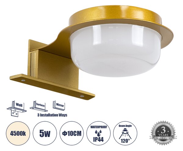 GloboStar® KIARA 60401 Μοντέρνο Φωτιστικό Τοίχου - Απλίκα Καθρέπτη Μπάνιου με 3 Τρόπους Τοποθέτησης LED 5W 560lm 120° AC 220-240V IP44 Μ10 x Π13 x Υ3cm - Φυσικό Λευκό 4500K - Χρυσό - 3 Χρόνια Εγγύηση