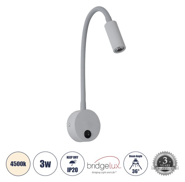 GloboStar® GOOSE 60877 Μοντέρνο Φωτιστικό Τοίχου - Απλίκα Ξενοδοχείου Bed Side LED 3W 300lm 36° AC 220-240V - Reading Light - Μ6.5 x Π15 x Υ24.5cm - Φυσικό Λευκό 4500K - Γκρι Ανθρακί