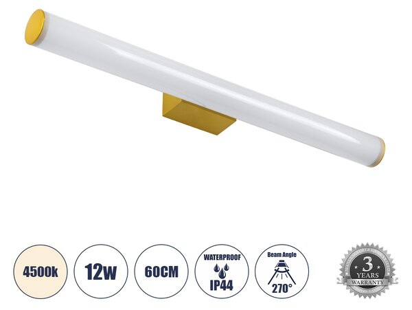 GloboStar® MABEL 60429 Μοντέρνο Φωτιστικό Τοίχου - Απλίκα Καθρέπτη Μπάνιου - Πίνακα LED 12W 1400lm 270° AC 220-240V IP44 Μ60 x Π10 x Υ5cm - Φυσικό Λευκό 4500K - Χρυσό - 3 Χρόνια Εγγύηση