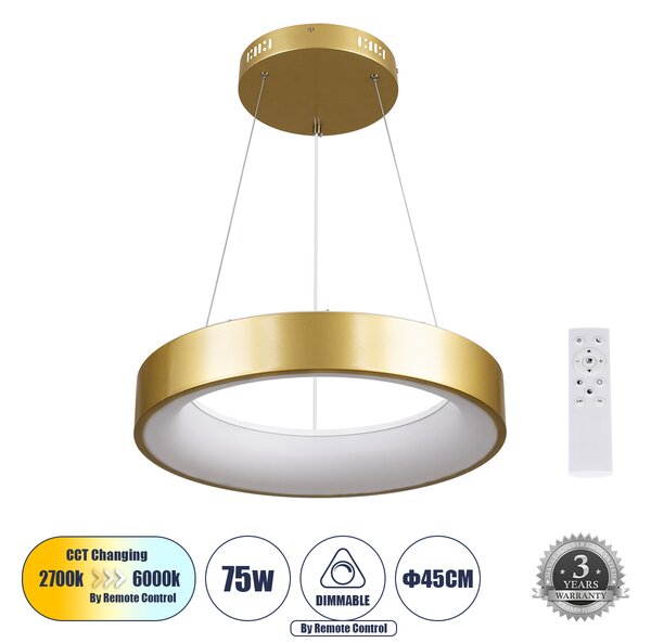 GloboStar® SALEM 61243 Κρεμαστή Πλαφονιέρα Οροφής Δαχτυλίδι-Κύκλος LED CCT 75W 8625lm 120° AC 220-240V - Εναλλαγή Φωτισμού μέσω Τηλεχειριστηρίου All In One Ψυχρό 6000k+Φυσικό 4500k+Θερμό 2700k Dimmable Φ45cm - Χρυσό Σαμπανιζέ - 3 Years Warranty