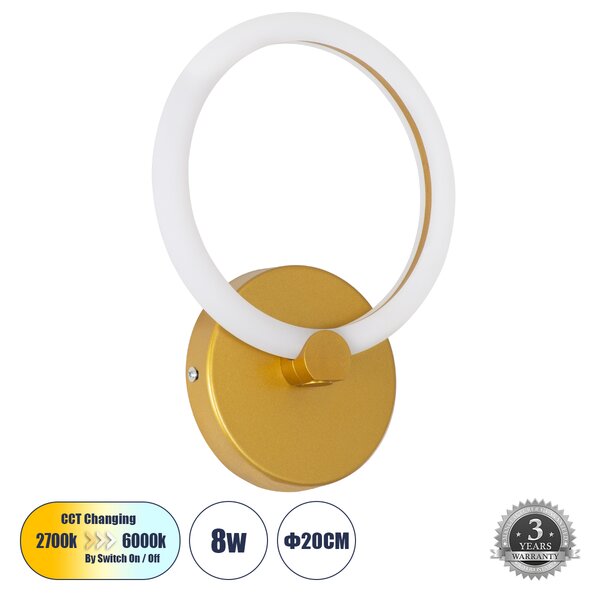 GloboStar® MATILDA 61340 Φωτιστικό Τοίχου - Απλίκα Design LED CCT 8W 960lm 360° AC 220-240V - Εναλλαγή Φωτισμού μέσω Διακόπτη On/Off All In One Ψυχρό 6000k+Φυσικό 4500k+Θερμό 2700k Μ20 x Π5 x Υ25.5cm - Χρυσό - 3 Years Warranty