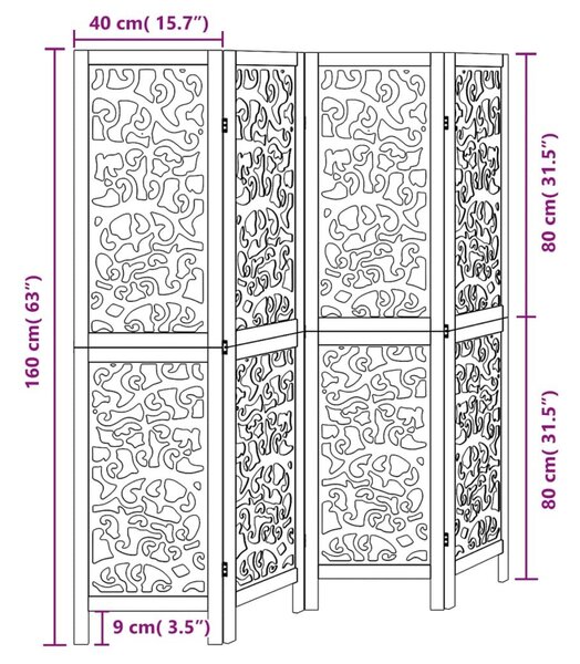 Διαχωριστικό Χώρου με 4 Πάνελ Μαύρο από Μασίφ Ξύλο Παυλώνιας - Μαύρο