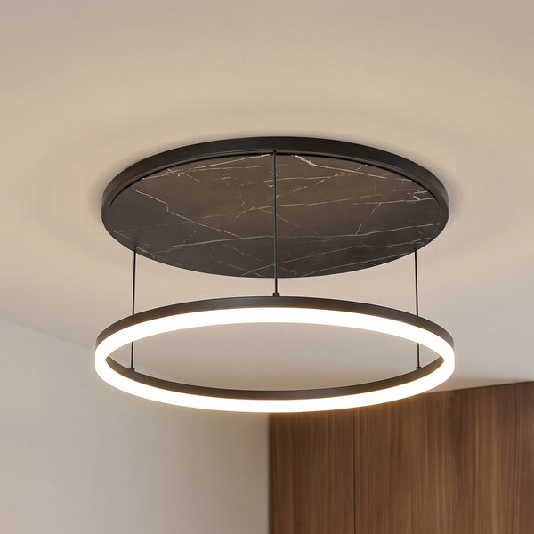 Lucande LED φωτιστικό οροφής Orven, μαύρο/μάρμαρο, Ø 50 cm, ρυθμιζόμενο., ρυθμιζόμενος, Μαύρο, Σαλόνι / τραπεζαρία, Μέταλλο, σύγχρονο