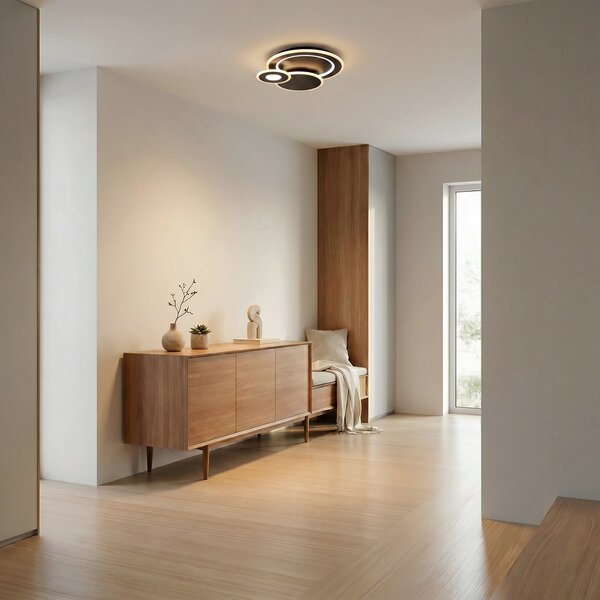 Lindby LED οροφής Briar, μαύρο, μέταλλο, τηλεχειριστήριο, ρυθμιζόμενος, Μαύρο, Σαλόνι / τραπεζαρία, Πλαστικό, σύγχρονο